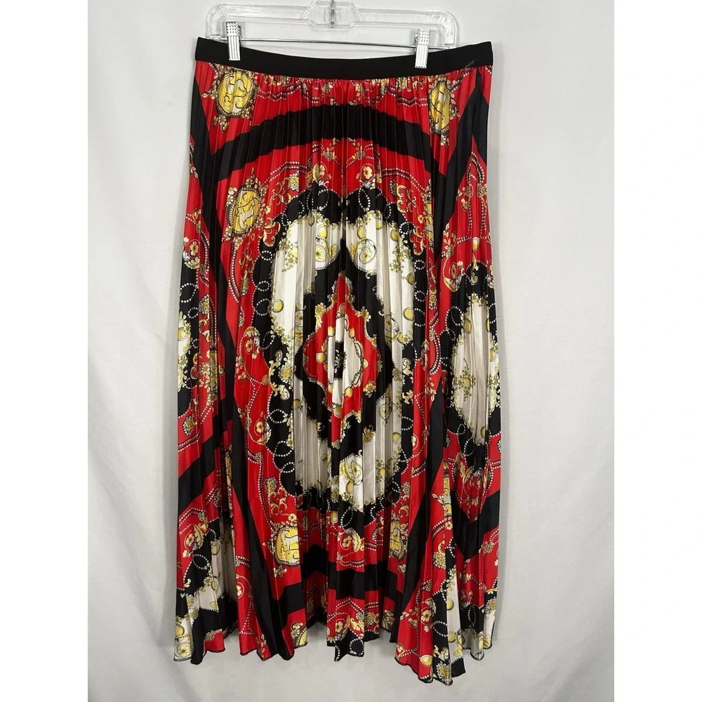 Womens Scarf Print Pleated Midi Skirt Size 2X Red Black Satin Gold Chain Baroque